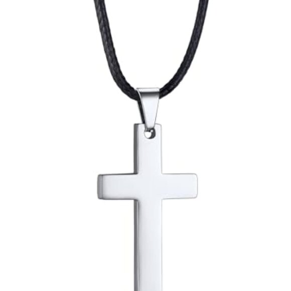 Stainless Steel Pendant Necklace with Leather Cord, 22 Inch - Picture 2 of 8